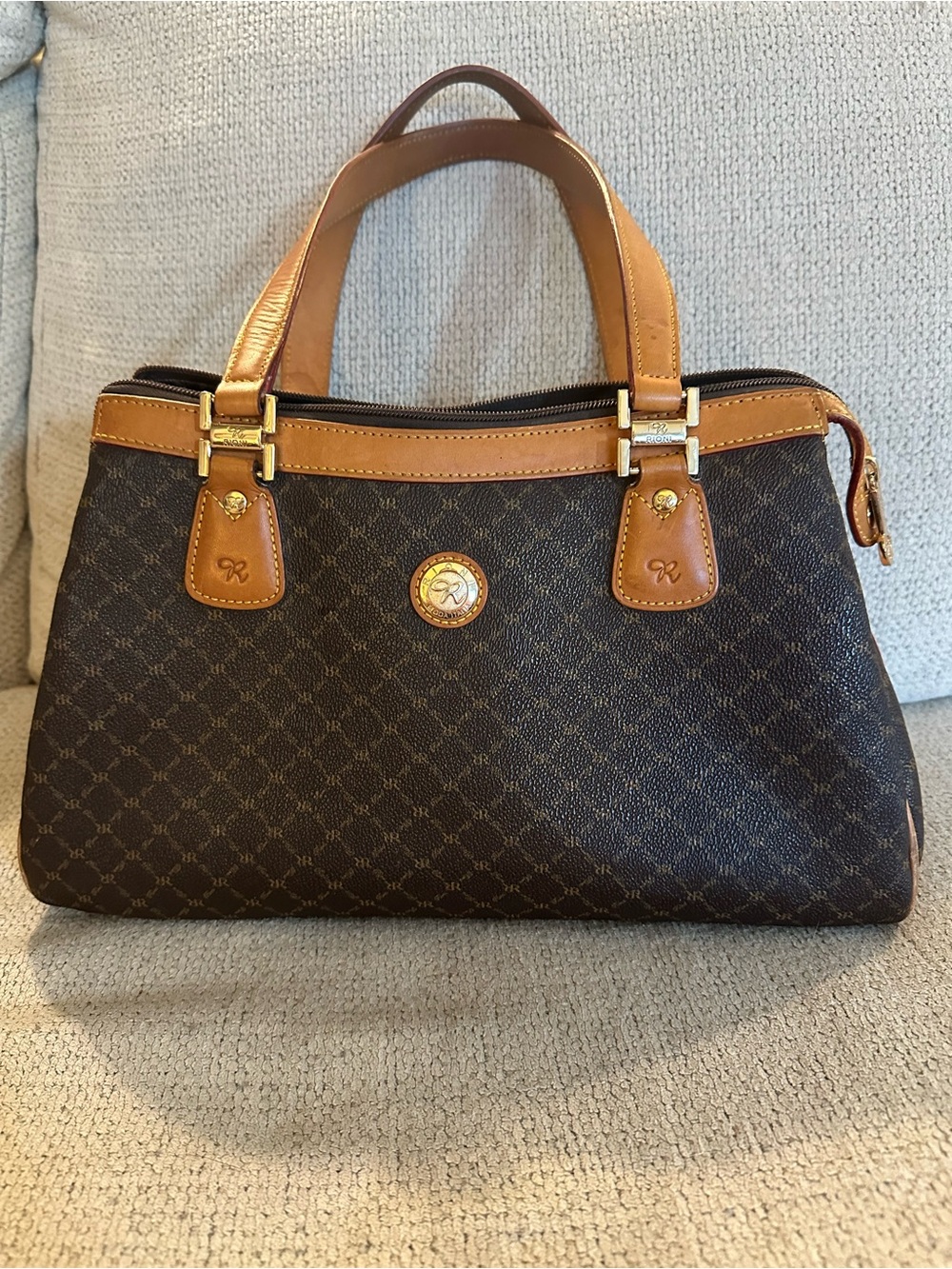 Rioni Brown and Tan Monogram shoulder bag with Gold Hardware